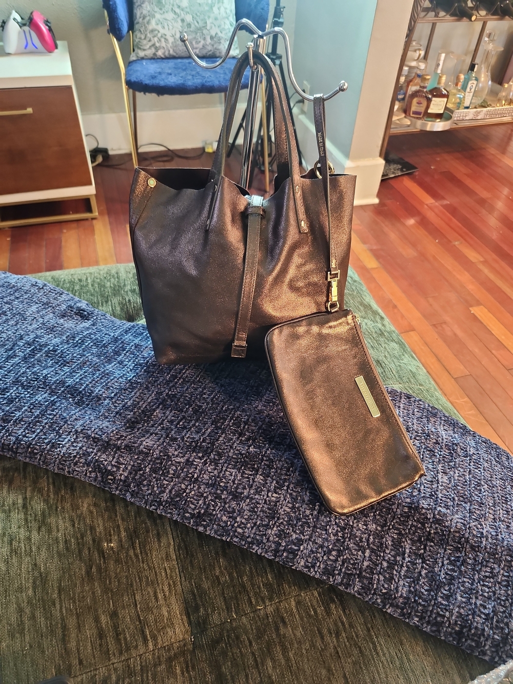 Black Leather Tote Bag with Wristlet - Unbranded